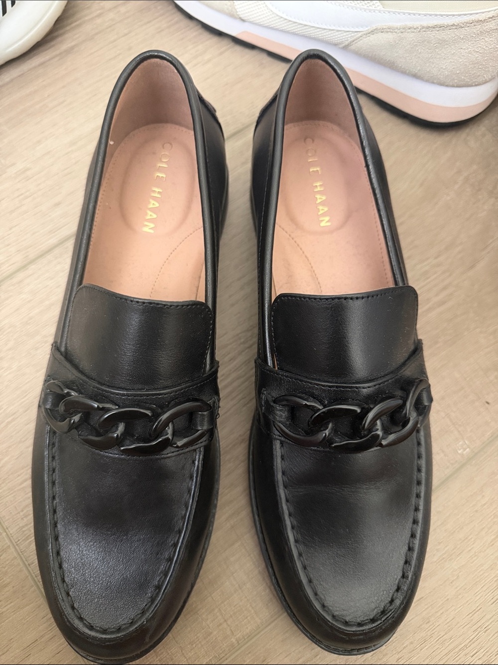 Cole Haan Women’s Black Leather Chain-Accent Loafers